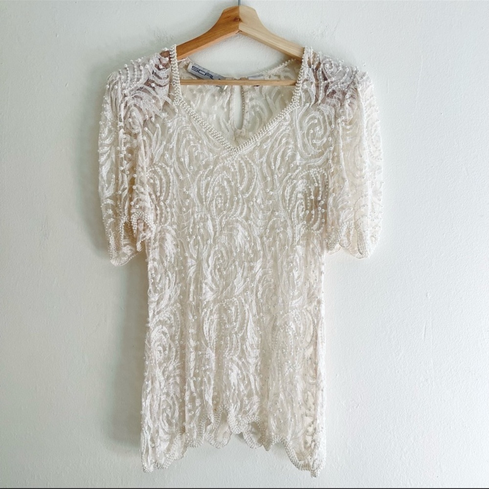 Vintage Scala Cream Lace Faux Pearl Beaded Unlined Short Sleeve Top Size Small